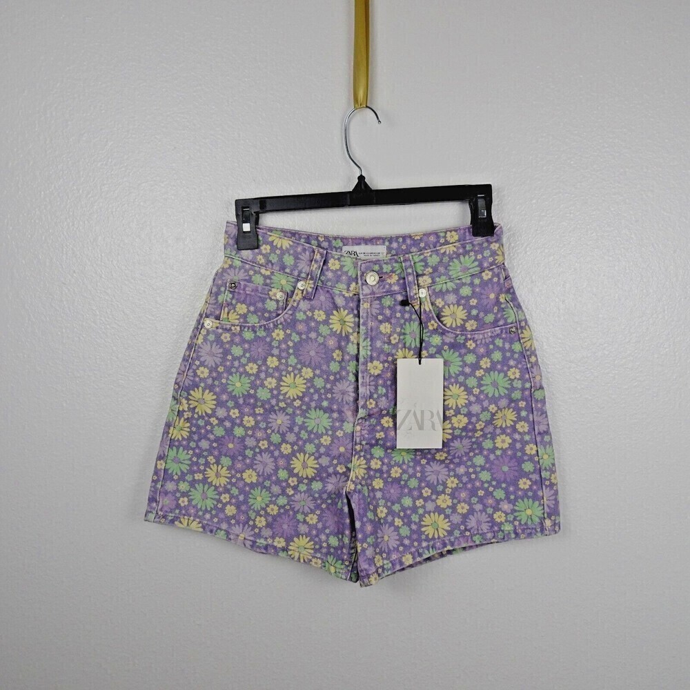 NWT Zara Denim Women's Shorts Purple Floral High Rise Waist Button-Fly Size 4